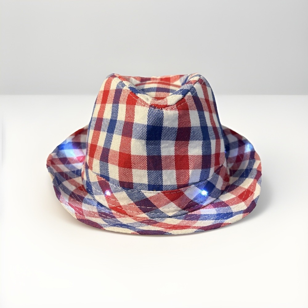 Patriotic 4th Of July Light-up Fedora Red White Blue Plaid Hat USA‎ LEDs S/M